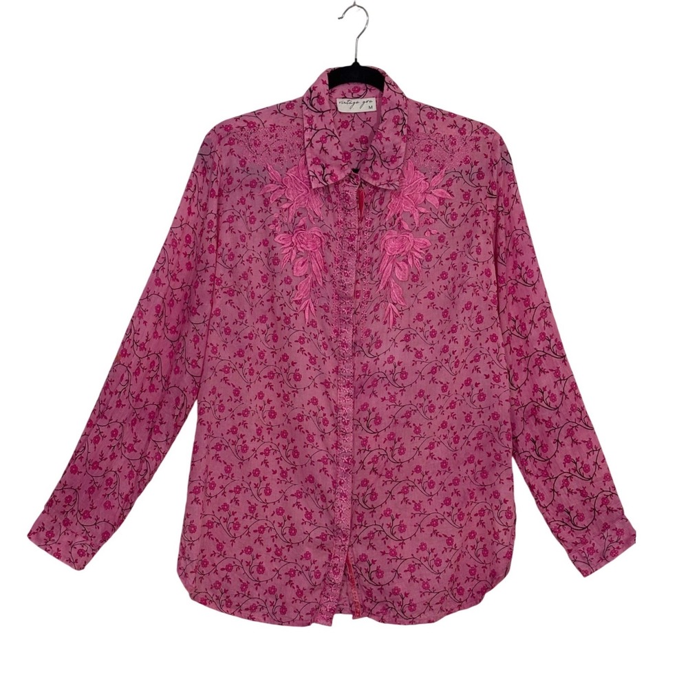 Vintage Goa Pink Floral Embroidered Button Down Shirt Lace Velvet Trim Womens M